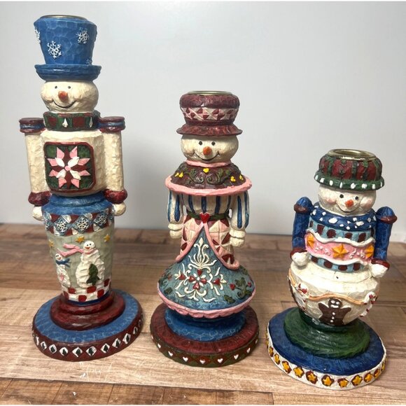 Vtg Set Of 3 Snowman Family Candle Stick Holders Christmas Decor Multi - Picture 1 of 7